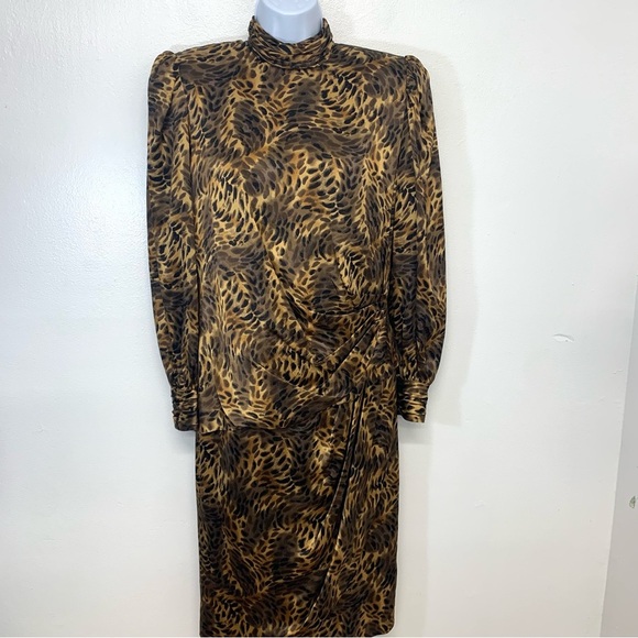 Vintage 80s Silk Dress 4  Brown Animal‎ Print Midi  Ruched Event Career Classic - Picture 1 of 12
